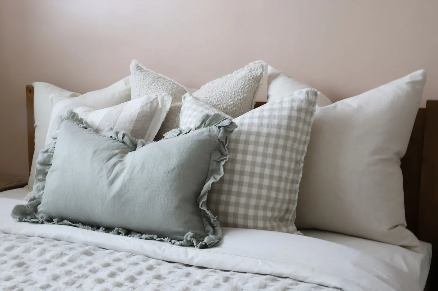 Hallie Sage Green Ruffle Cushion 50 x 30