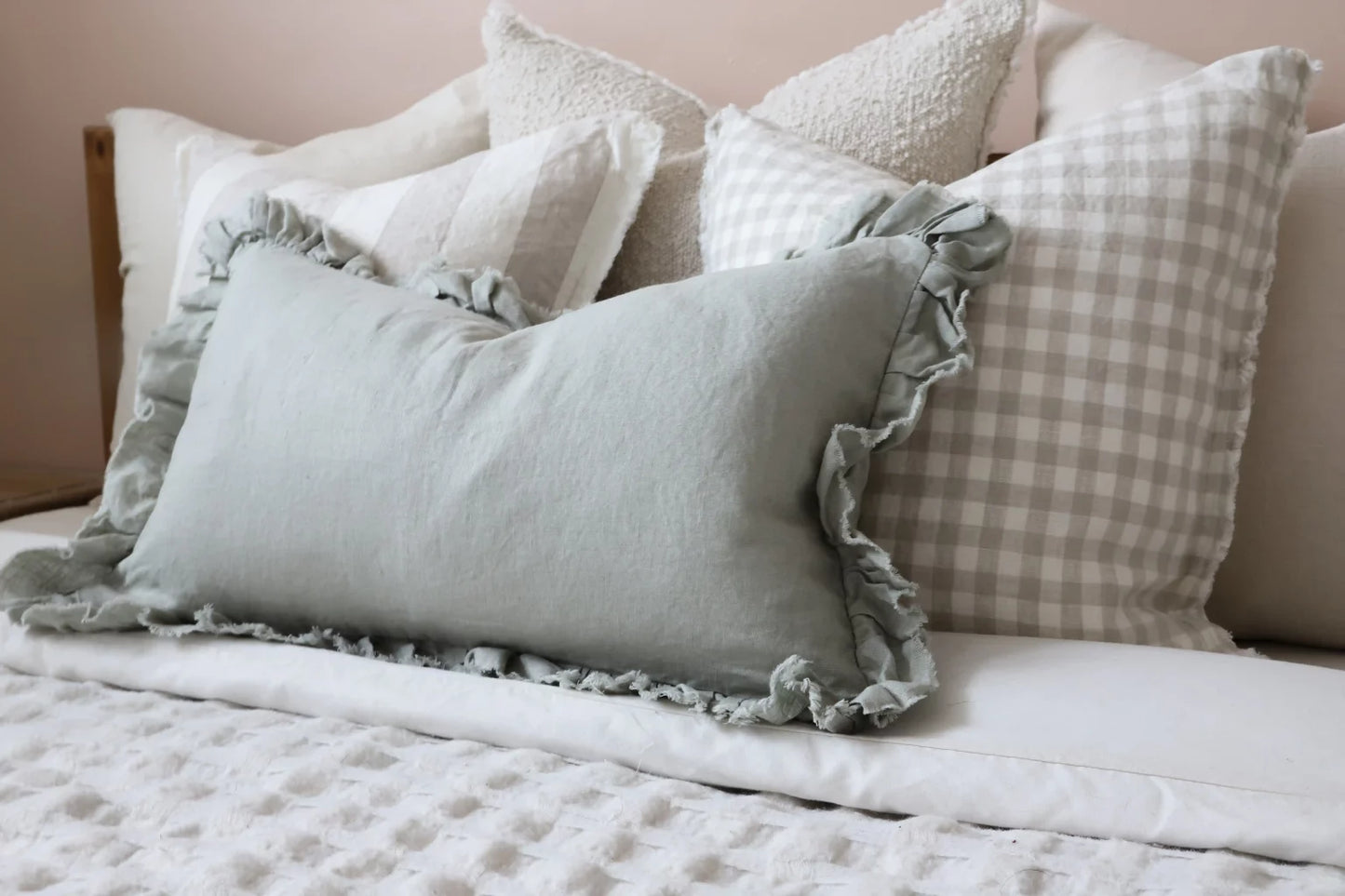Hallie Sage Green Ruffle Cushion 50 x 30