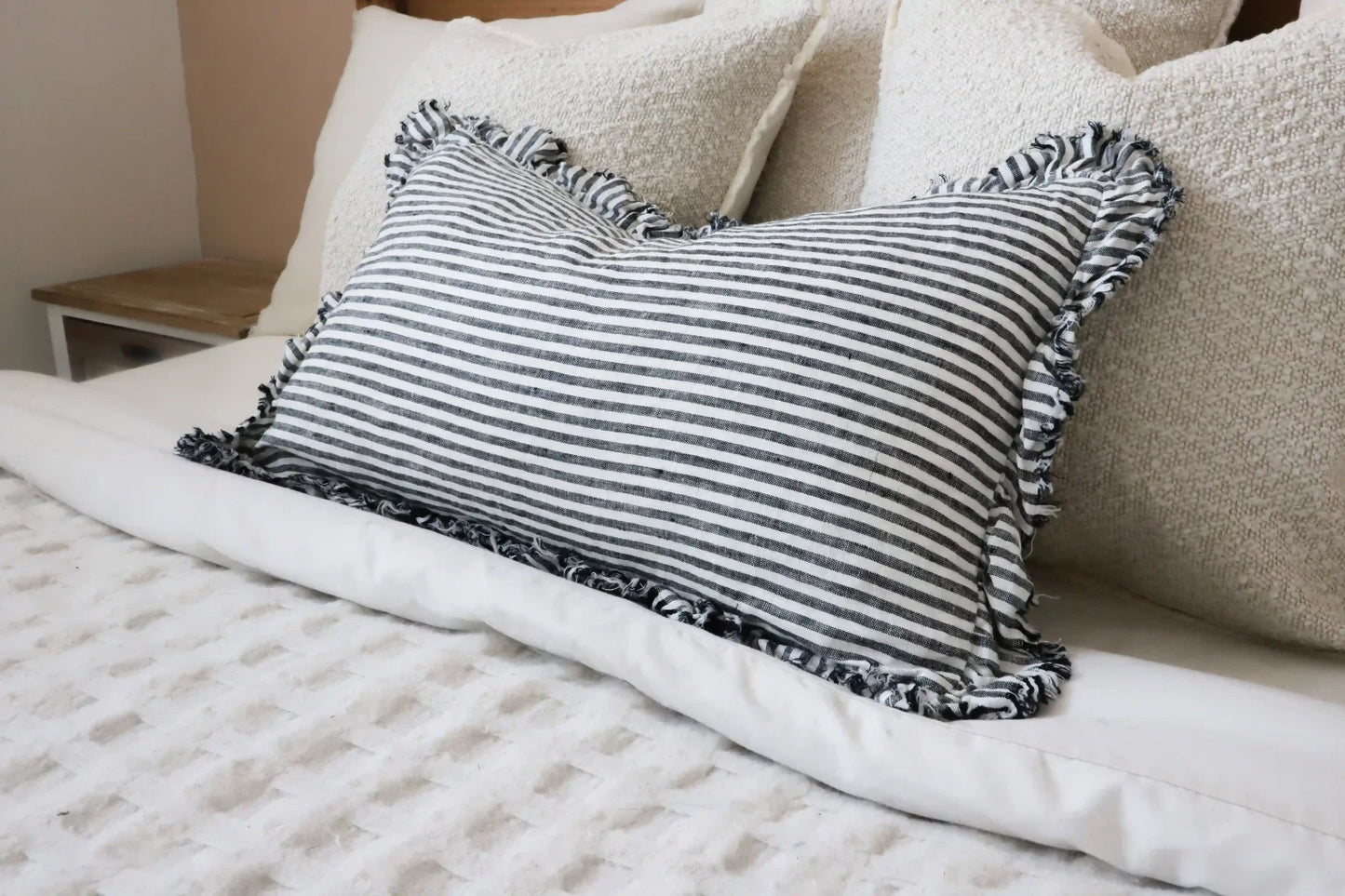 Hallie Charcoal Stripe Ruffle Cushion 50 x 30