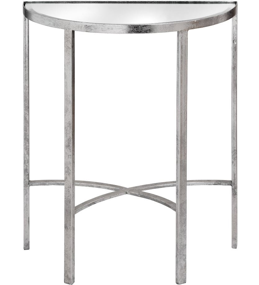 Mirrored Silver Half Moon Table With Cross Detail