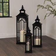 Set of 3 Black Wooden Lanterns with Archway Design