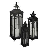 Set of 3 Black Wooden Lanterns with Archway Design