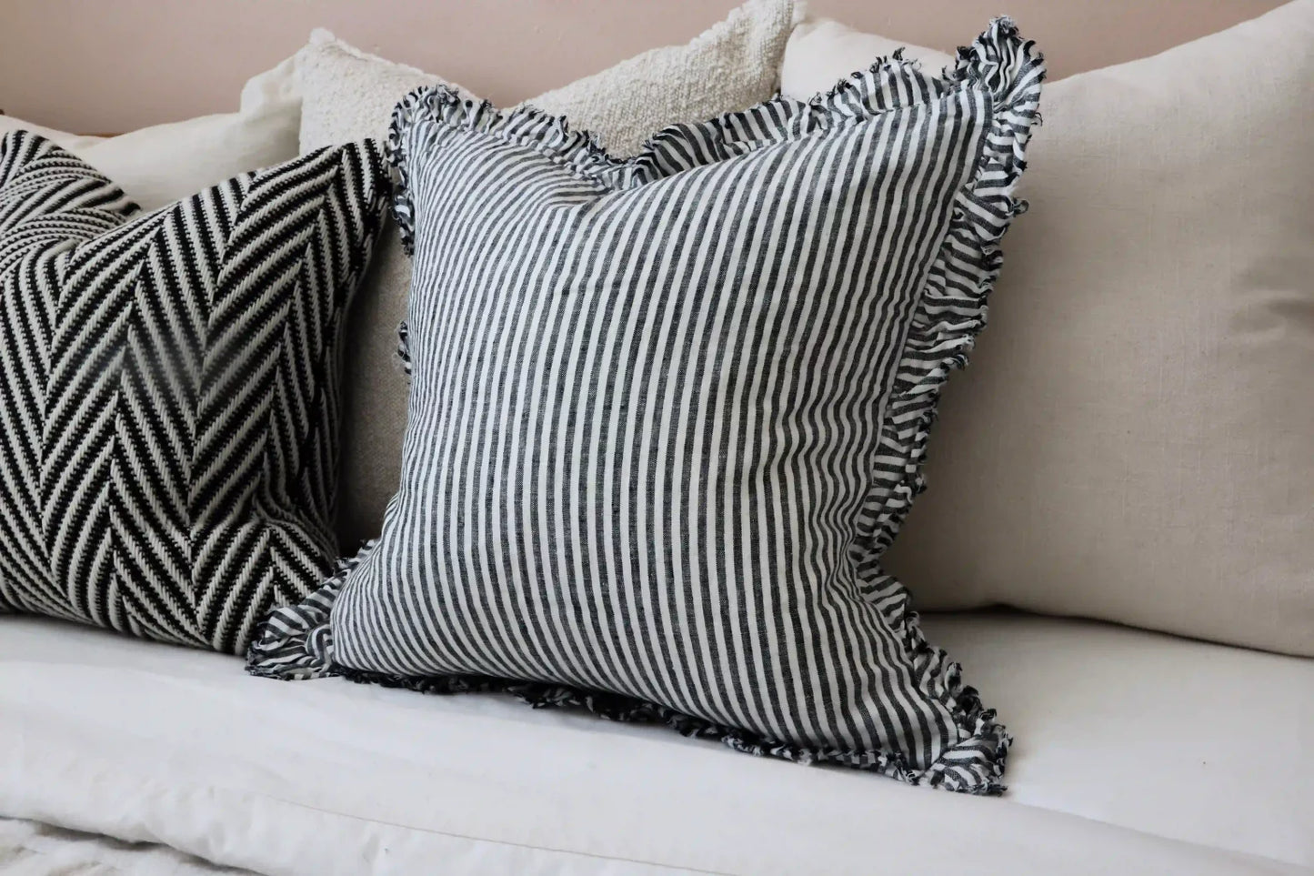 Hallie Charcoal Stripe Ruffle Cushion