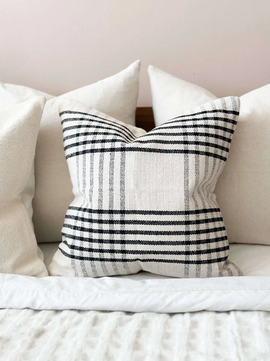 India Grid Pattern Black and Cream Cushion 45 x 45