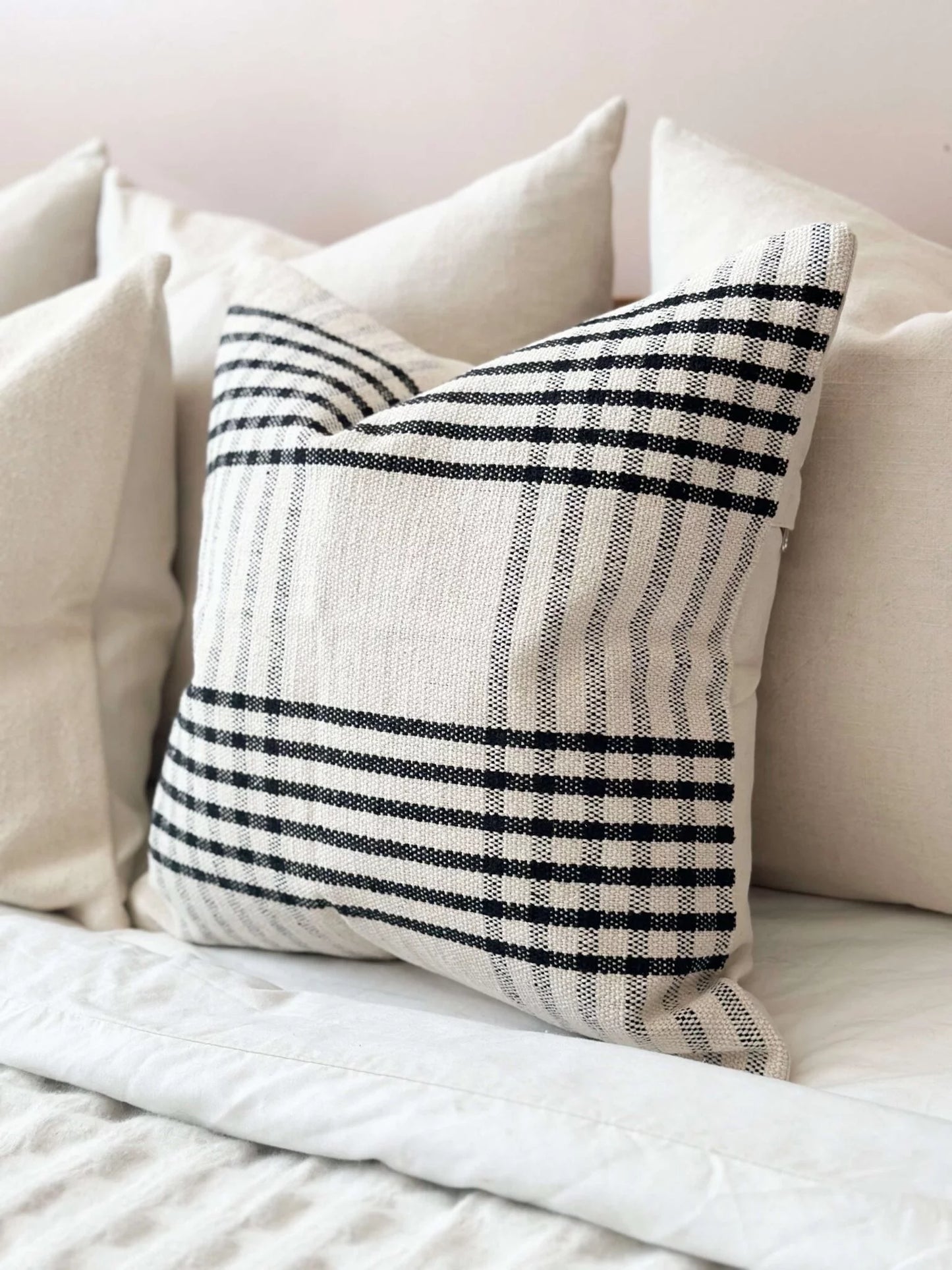 India Grid Pattern Black and Cream Cushion 45 x 45