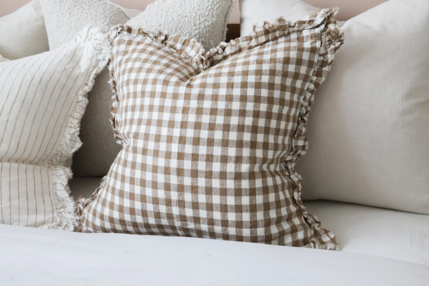 Hallie Brown Gingham Ruffle Cushion