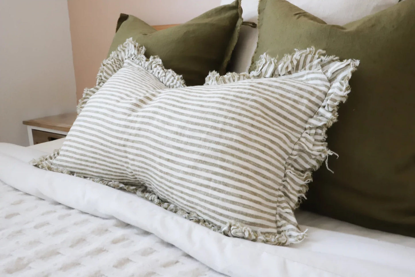 Hallie Olive Stripe Ruffle Cushion