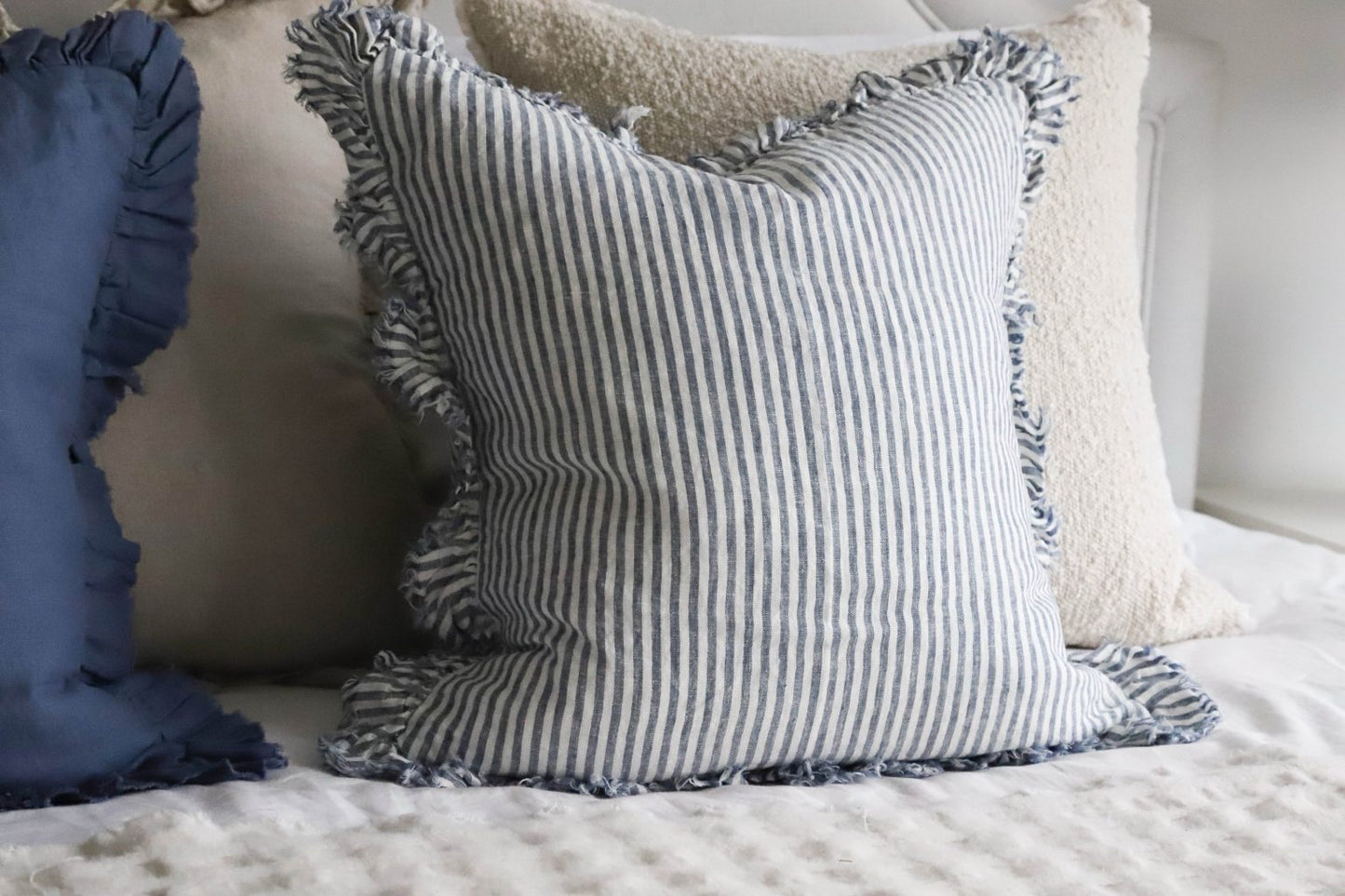 Hallie Navy Stripe Ruffle Cushion