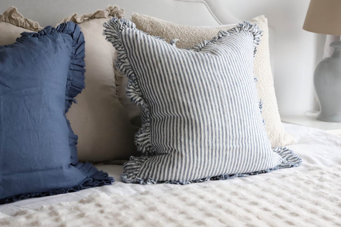 Hallie Navy Stripe Ruffle Cushion