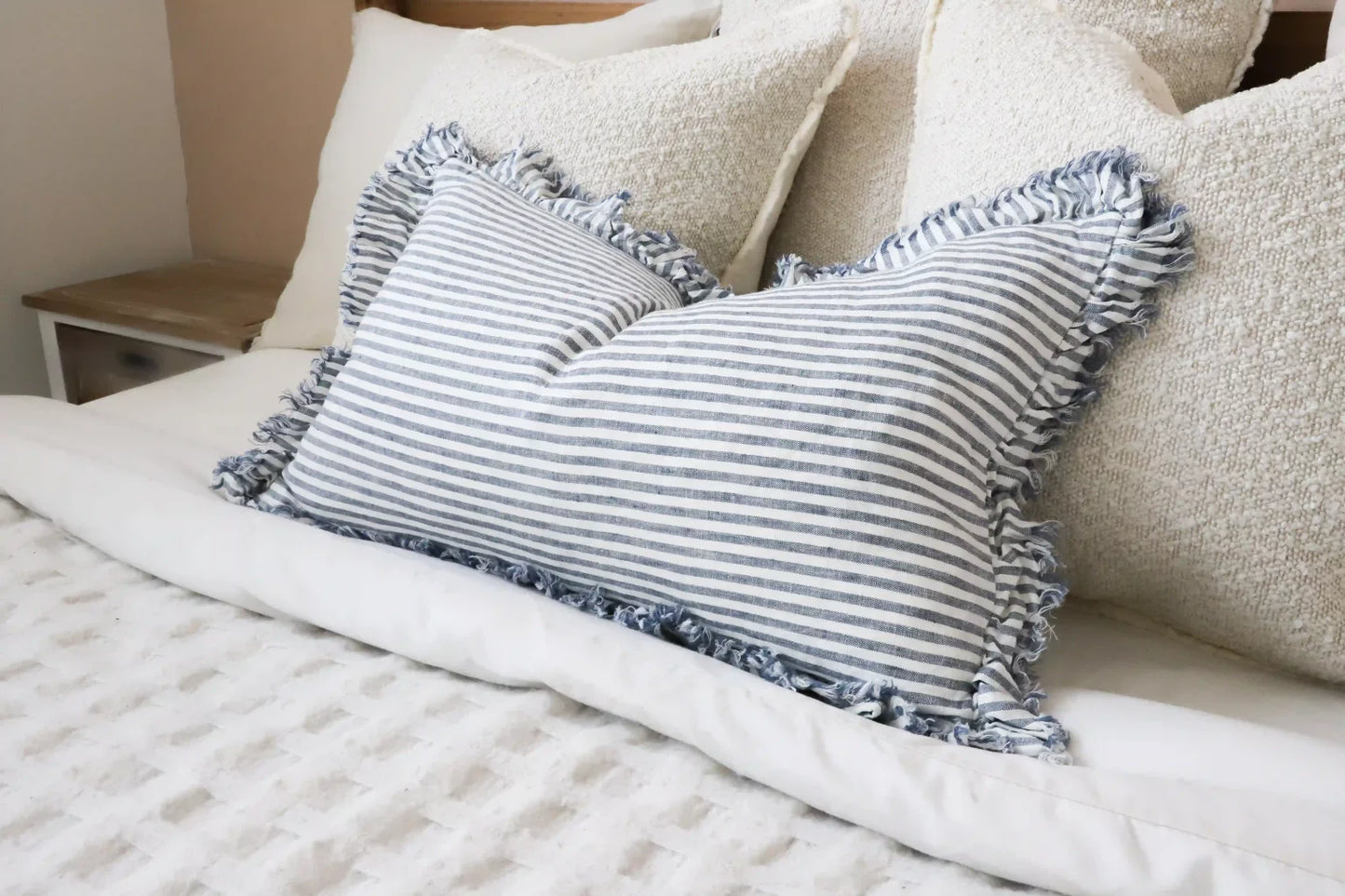 Hallie Navy Stripe Ruffle Cushion