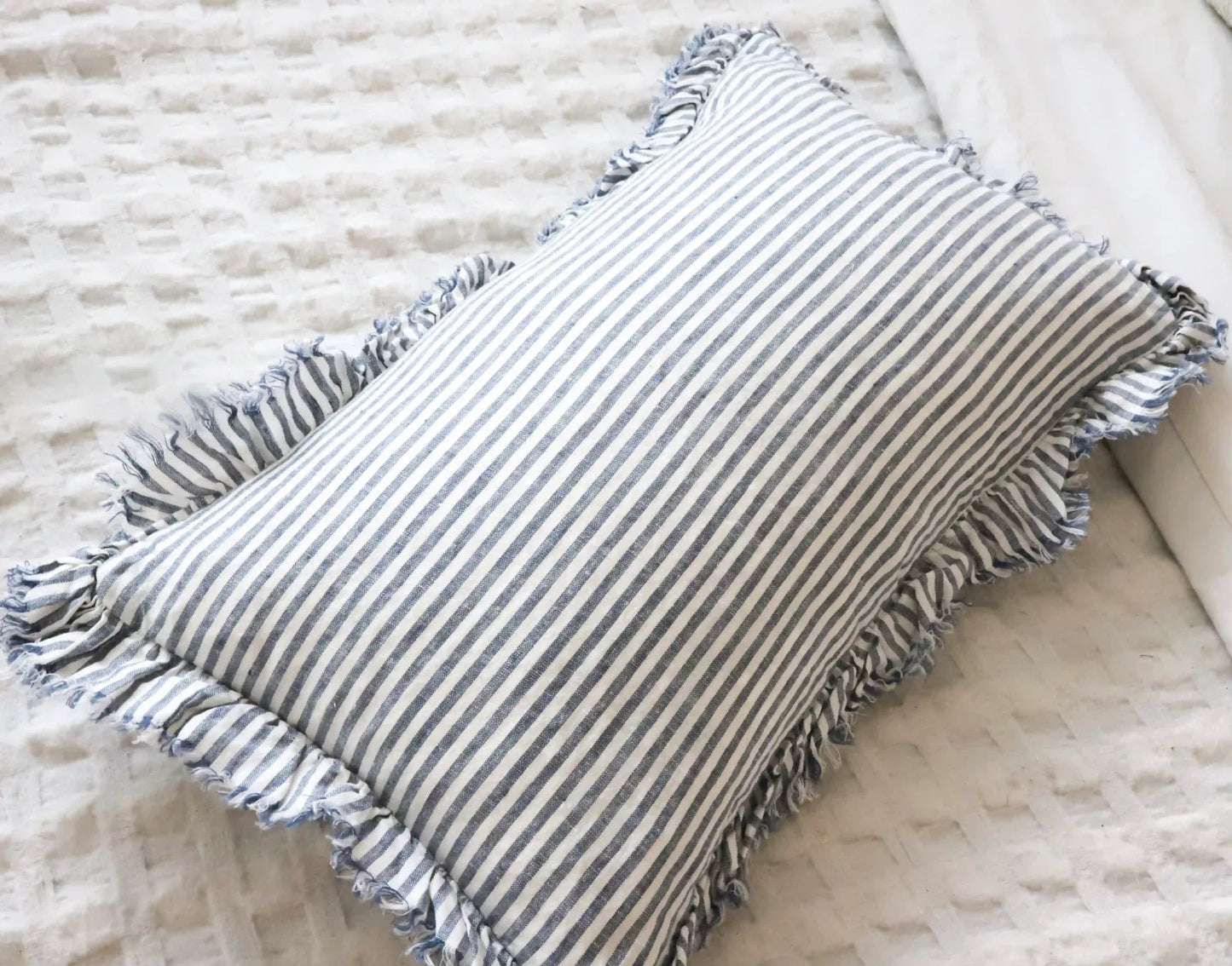 Hallie Navy Stripe Ruffle Cushion